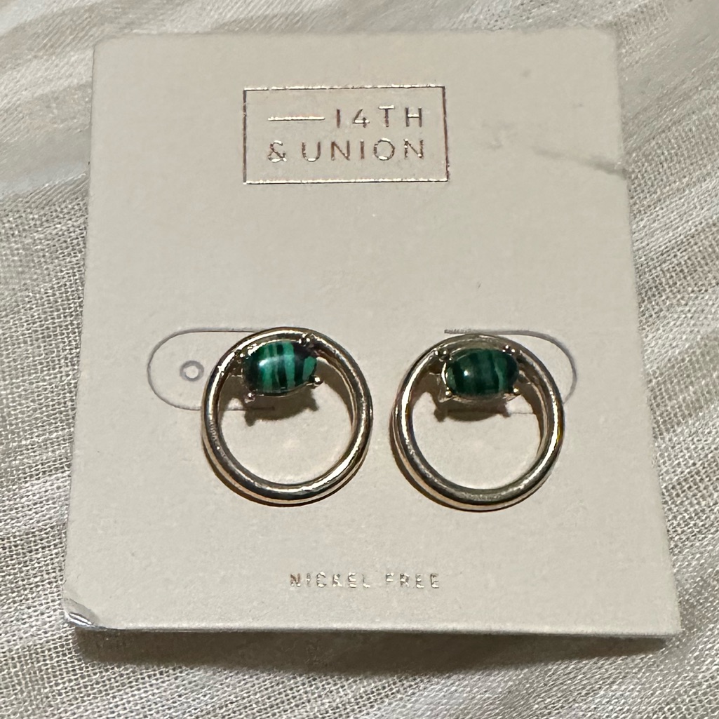 Nwt 14th Union Gold Green Circular Earring Small Stone 24$